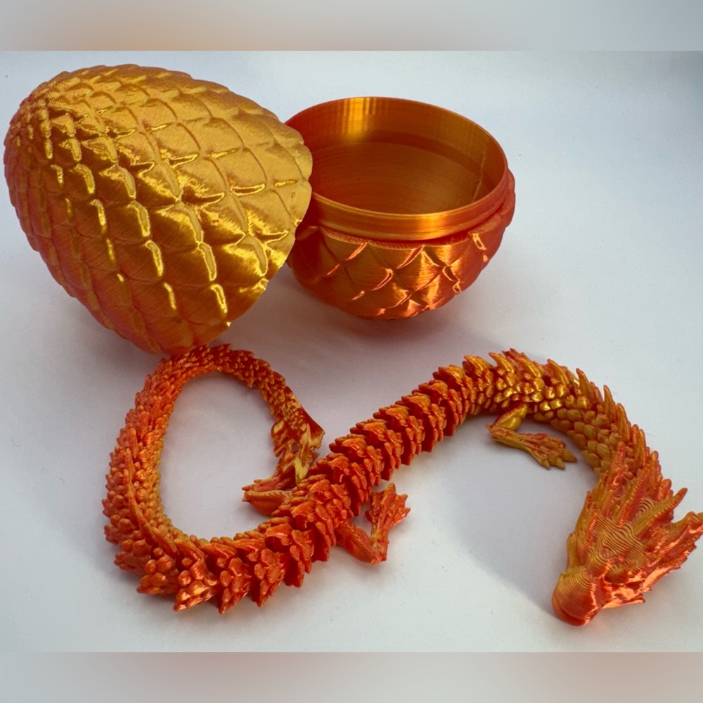 3D Printed Crystal Dragon and Egg Orange and Gold